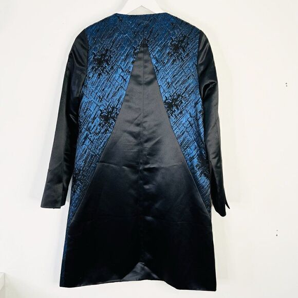 Pink Tartan Metallic Blue Collarless Jacquard Swing Coat - Picture 2 of 8